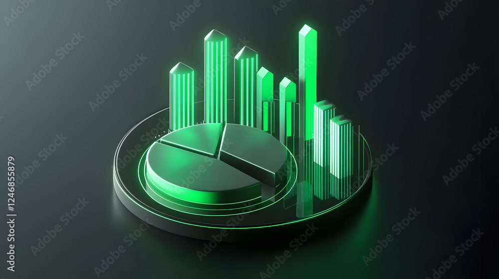 Poster cute isometric 3d image of 3d pie chart and bar chart in realistic metallic silver illuminated by ne