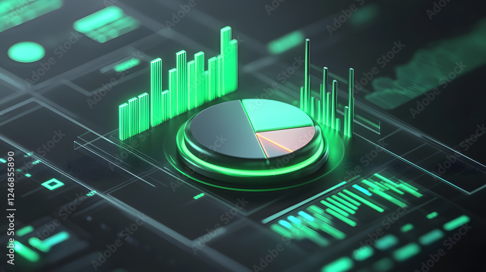 Poster cute isometric 3d image of 3d pie chart and bar chart in realistic metallic silver illuminated by ne