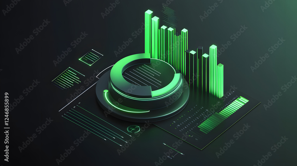 Poster cute isometric 3d image of 3d pie chart and bar chart in realistic metallic silver illuminated by ne