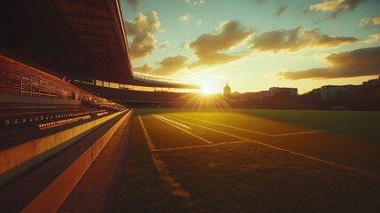 Obraz premium Panoramic view of a football stadium at sunset with vibrant colors over the field