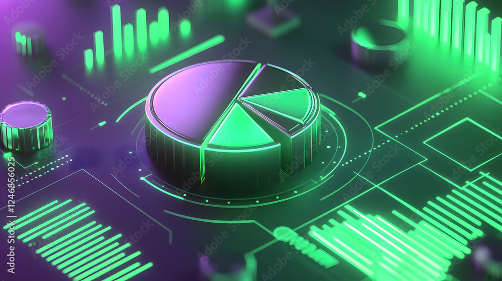 Poster cute isometric 3d image of 3d pie chart and bar chart in realistic metallic silver illuminated by ne