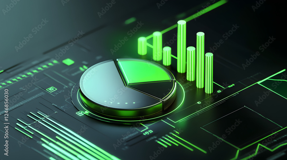 Poster cute isometric 3d image of 3d pie chart and bar chart in realistic metallic silver illuminated by ne