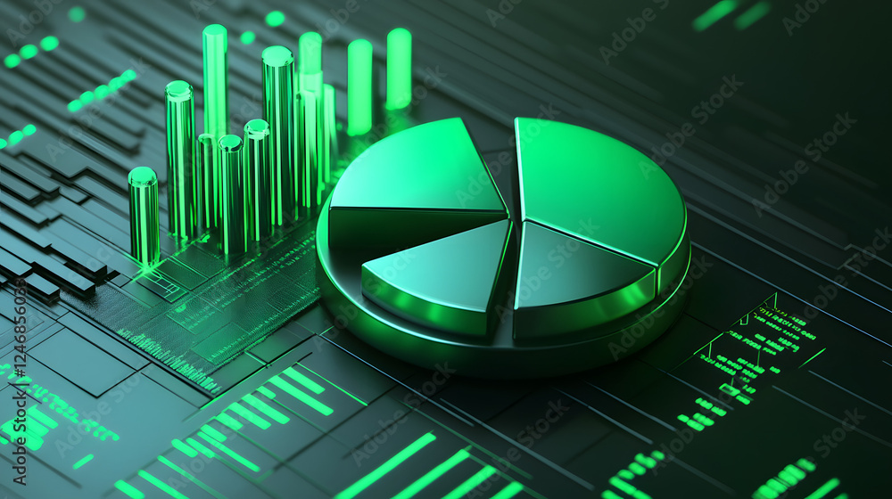 Poster Cute isometric 3D image of 3D pie chart and bar chart in realistic metallic silver illuminated by neon green. add floating, transparent charts and circular measurement tools. ensure perfect shapes an