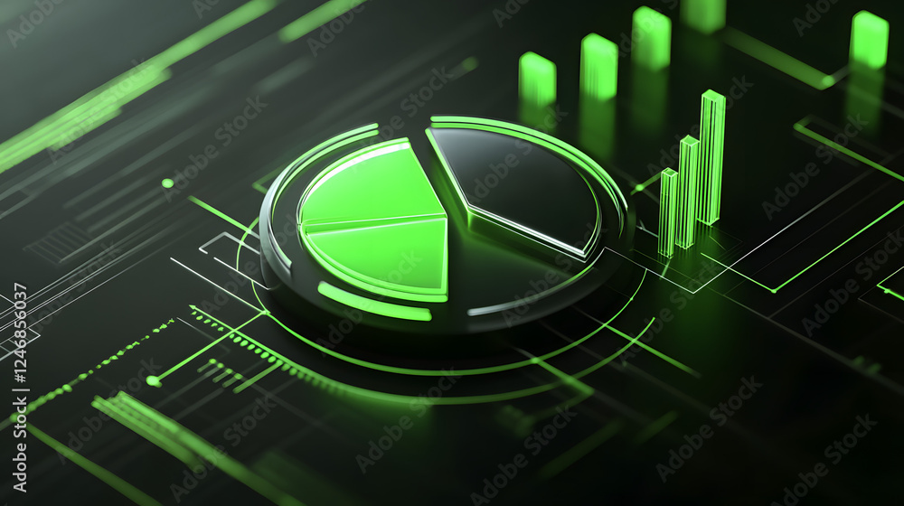 Poster cute isometric 3d image of 3d pie chart and bar chart in realistic metallic silver illuminated by ne