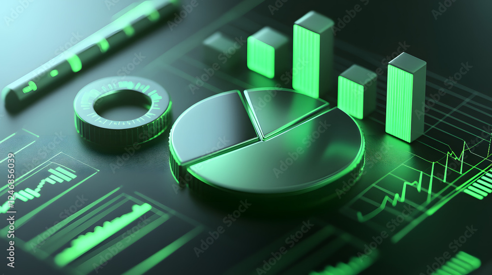 Poster cute isometric 3d image of 3d pie chart and bar chart in realistic metallic silver illuminated by ne