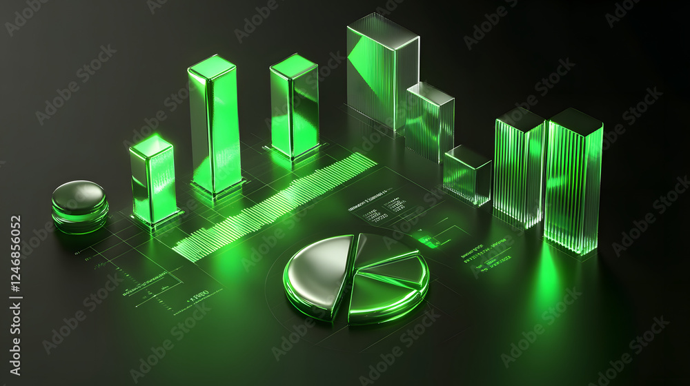 Poster Cute isometric 3D image of 3D pie chart and bar chart in realistic metallic silver illuminated by neon green. add floating, transparent charts and circular measurement tools. ensure perfect shapes an