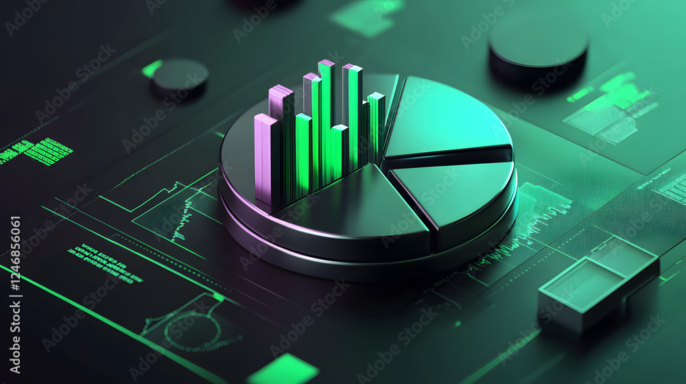 Poster cute isometric 3d image of 3d pie chart and bar chart in realistic metallic silver illuminated by ne