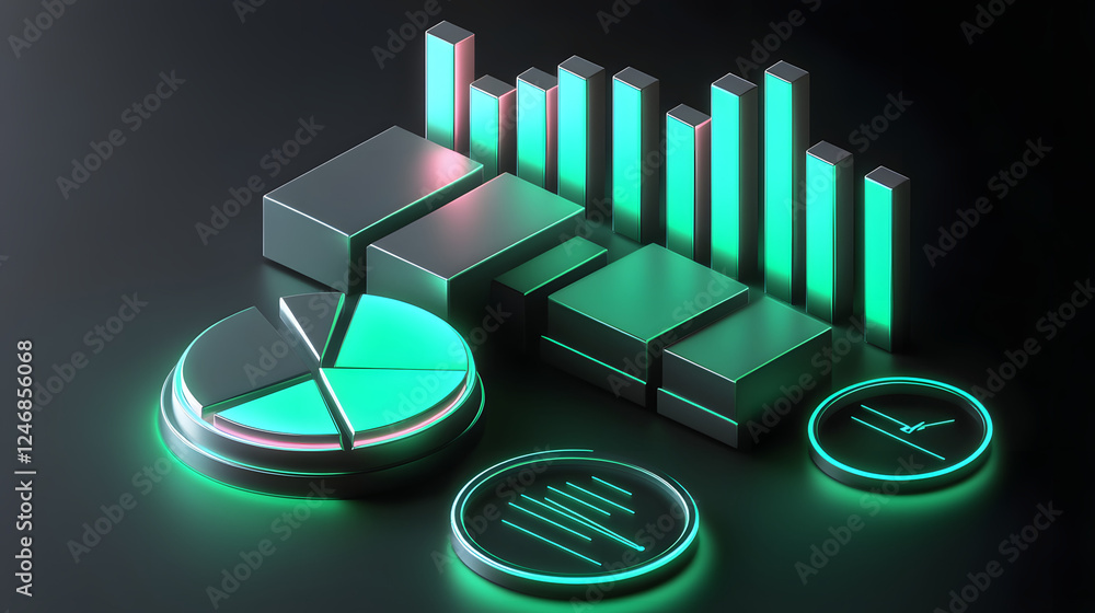 Poster cute isometric 3d image of 3d pie chart and bar chart in realistic metallic silver illuminated by ne