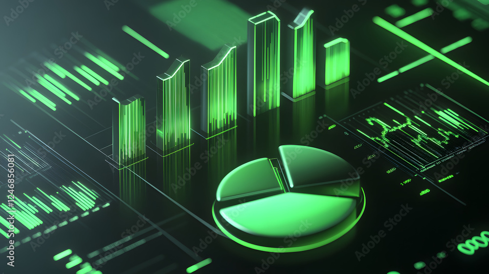 Poster cute isometric 3d image of 3d pie chart and bar chart in realistic metallic silver illuminated by ne