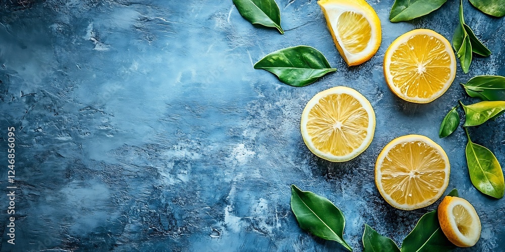 Poster creative citrus arrangement with slices and leaves on rustic blue textured background : generative a