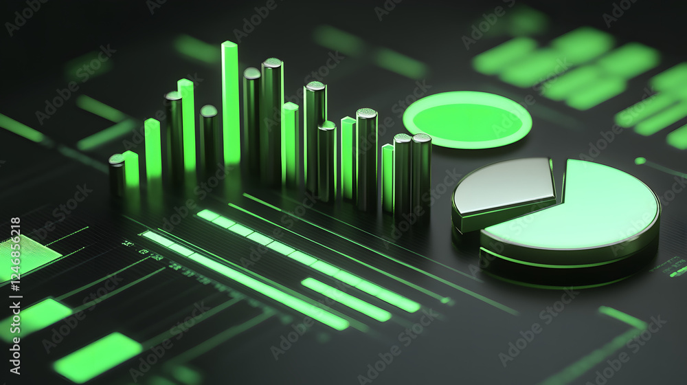 Poster cute isometric 3d image of 3d pie chart and bar chart in realistic metallic silver illuminated by ne