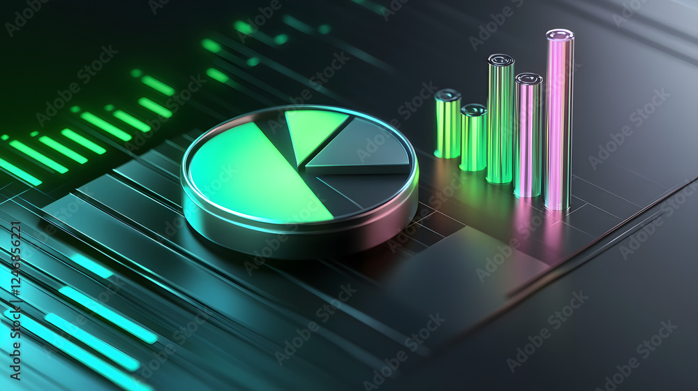 Poster cute isometric 3d image of 3d pie chart and bar chart in realistic metallic silver illuminated by ne