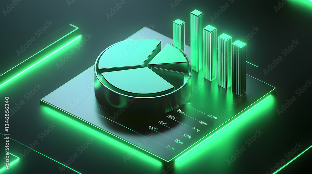 Poster cute isometric 3d image of 3d pie chart and bar chart in realistic metallic silver illuminated by ne