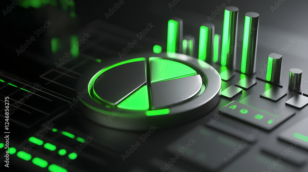 Poster cute isometric 3d image of 3d pie chart and bar chart in realistic metallic silver illuminated by ne