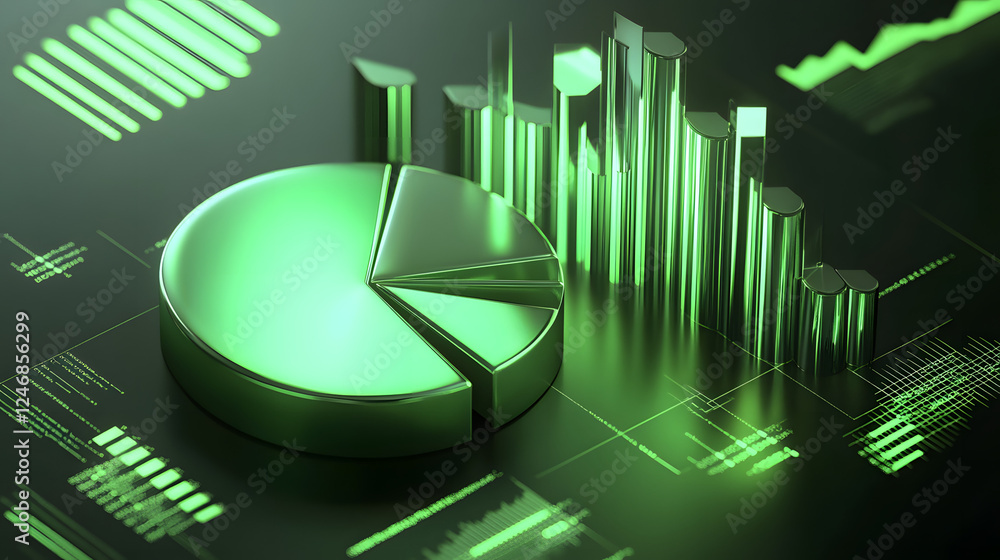 Poster cute isometric 3d image of 3d pie chart and bar chart in realistic metallic silver illuminated by ne