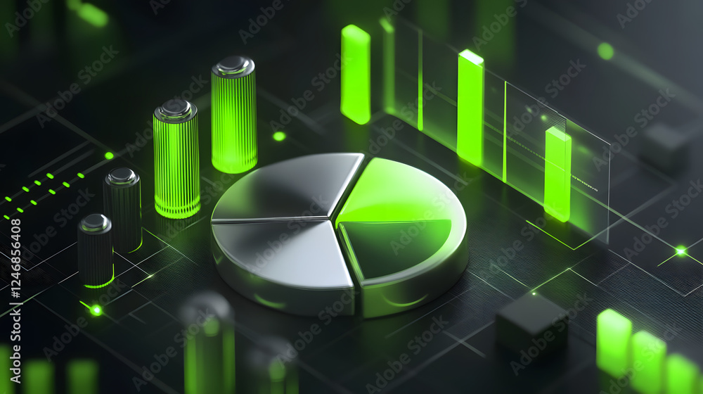 Poster cute isometric 3d image of 3d pie chart and bar chart in realistic metallic silver illuminated by ne