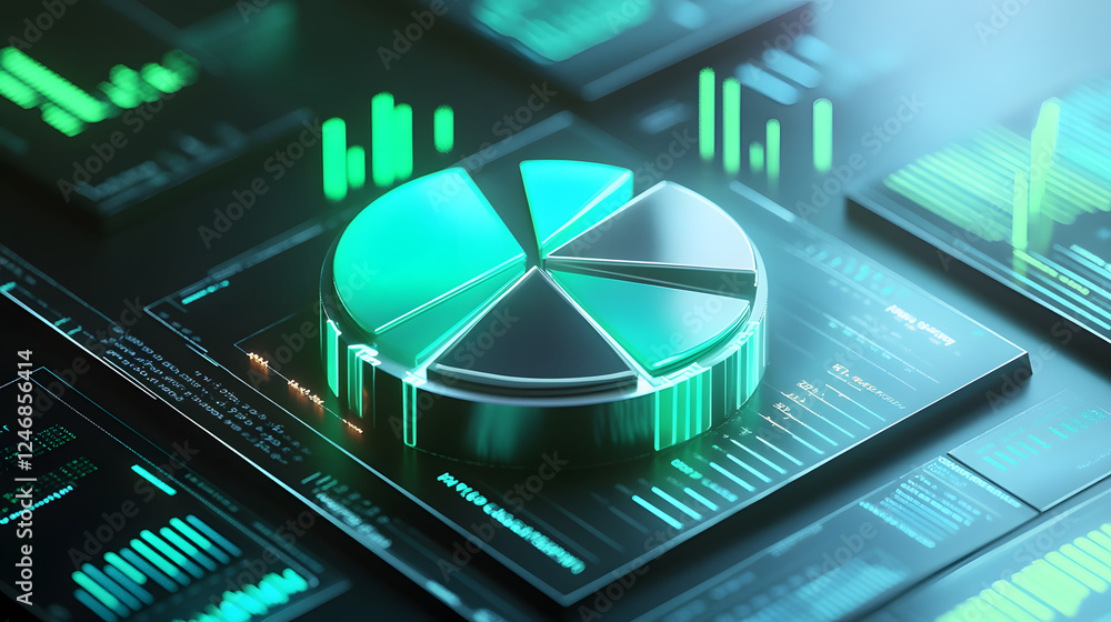 Poster cute isometric 3d image of 3d pie chart and bar chart in realistic metallic silver illuminated by ne