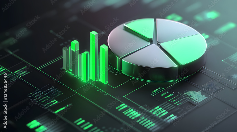 Poster cute isometric 3d image of 3d pie chart and bar chart in realistic metallic silver illuminated by ne