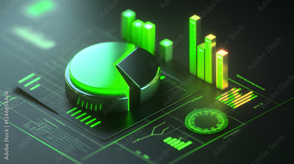 Poster cute isometric 3d image of 3d pie chart and bar chart in realistic metallic silver illuminated by ne