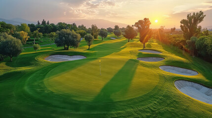 Naklejka premium beautiful sunset over lush green golf course with sand traps and trees. serene landscape invites relaxation and enjoyment