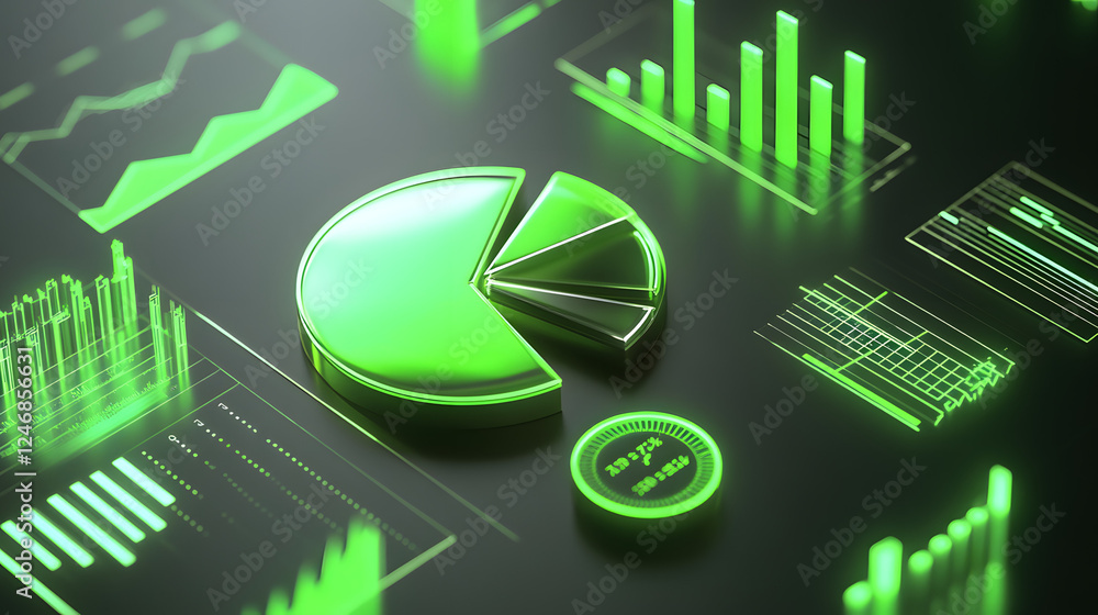 Poster cute isometric 3d image of 3d pie chart and bar chart in realistic metallic silver illuminated by ne
