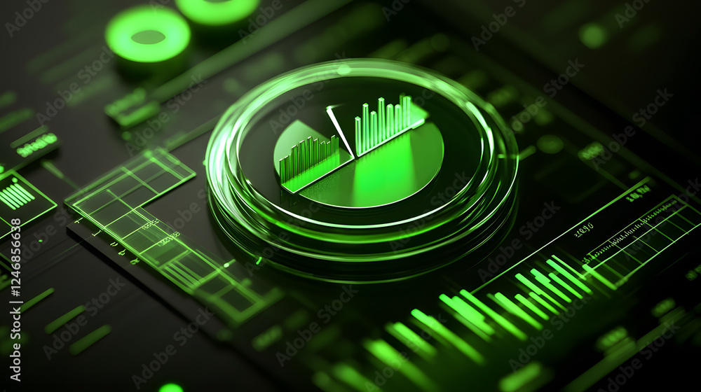 Poster Cute isometric 3D image of 3D pie chart and bar chart in realistic metallic silver illuminated by neon green. add floating, transparent charts and circular measurement tools. ensure perfect shapes an