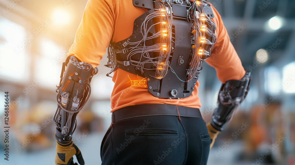 Poster close up view of exoskeleton suit showcasing intricate wiring and glowing lights, highlighting advan