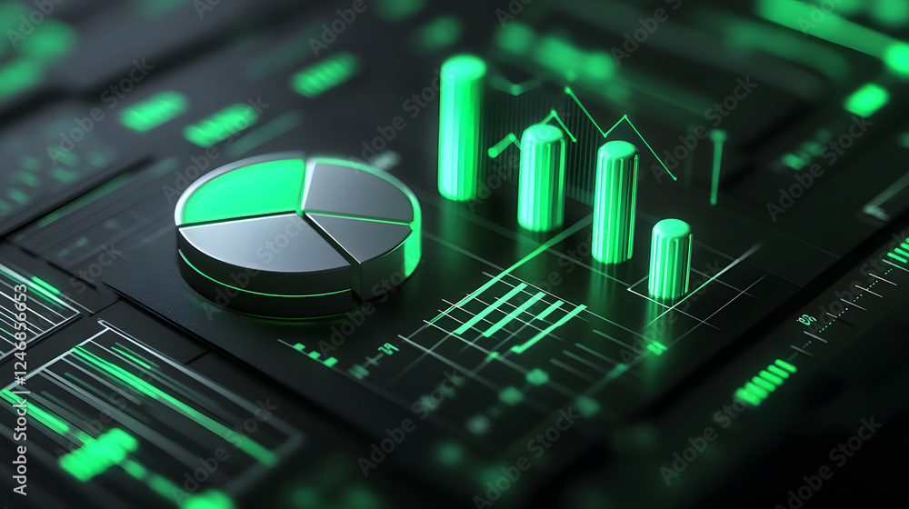 Poster cute isometric 3d image of 3d pie chart and bar chart in realistic metallic silver illuminated by ne
