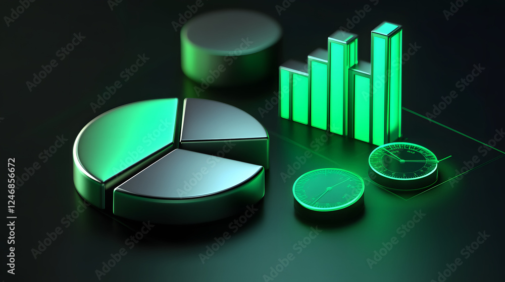 Poster cute isometric 3d image of 3d pie chart and bar chart in realistic metallic silver illuminated by ne