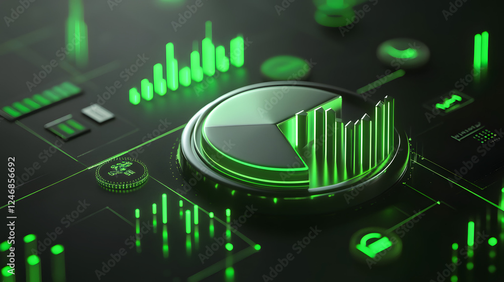 Poster cute isometric 3d image of 3d pie chart and bar chart in realistic metallic silver illuminated by ne