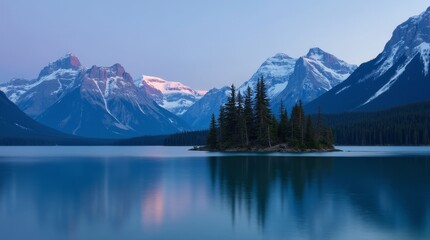 Majestic Spirit Island at Dusk with Mountain Reflection and Towering Trees