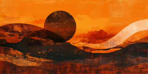 A deep sunset orange background with abstract shapes layered on top in various textures. This rich and layered design evokes feelings of warmth and excitement, ideal for event branding or creative