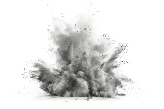 Dynamic chalk dust flying explosion effect, creating a mesmerizing cloud of fine particles in mid-air isolated on transparent background