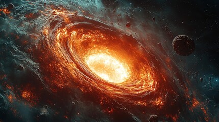 A breathtaking cosmic scene with swirling galaxies, nebulae, and a massive ringed planet at its center.  