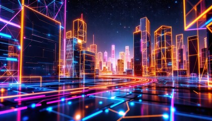 Fototapeta premium Neon cyberpunk cityscape at night with futuristic glowing skyscrapers and digital grid roads
