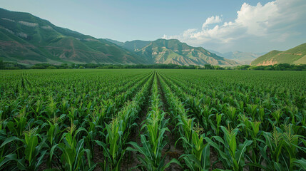 Lush corn plants growing in vast field under bright sky, surrounded by mountains