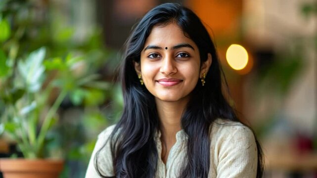 Smiling Young Woman: A portrait of a young woman with long, Indian businesswoman and technology,