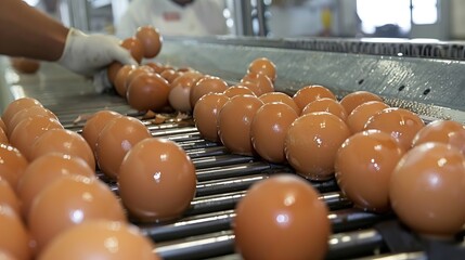 Egg production facility  monitoring and assessing egg quality in a well lit, spacious environment