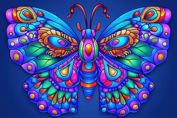 A colorful, symmetrical butterfly illustration featuring vibrant hues and intricate patterns against a blue background.