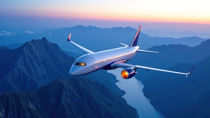 Naklejka premium A sleek commercial jet aircraft in flight, soaring above rugged mountain peaks at sunrise. a river flows below between the mountains.