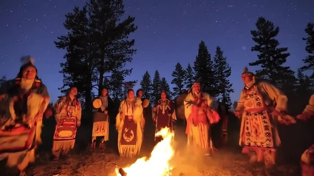 A vibrant celebration of Native American Heritage Day unfolds in a serene natural setting. Indigenous people in traditional regalia, adorned with intricate beadwork and feathers