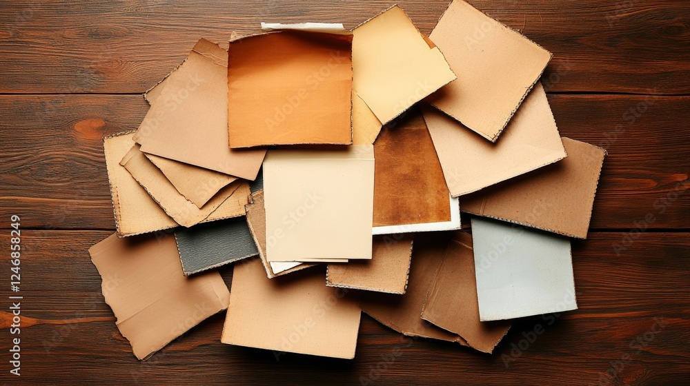 Poster stack of cardboard boxes placed on a rustic wooden table in a well-lit environment