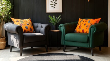 Two chairs with colorful cushions placed in a bright and inviting room interior design