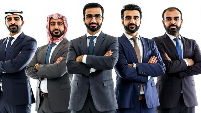 Group of confident Middle Eastern businessmen in their 40s, standing with arms crossed against a clean white backdrop.