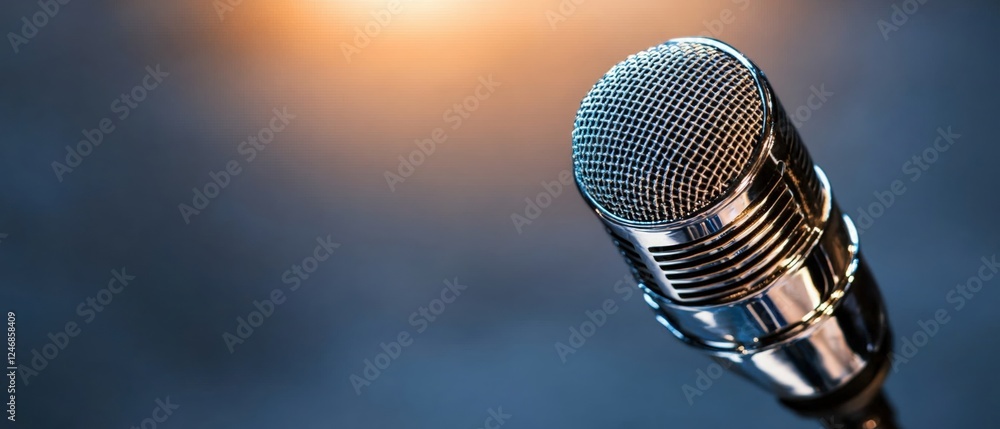 Poster microphone on a stand with blurred background in a studio setting for audio recording and broadcasti