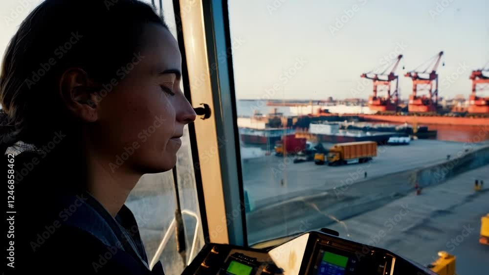 Poster female dock worker monitoring container handling operations from control cabin, overseeing loading o