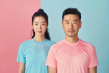 Obraz premium Portrait of a tender asian couple in their 30s wearing a moisture-wicking running shirt over pastel or soft colors background