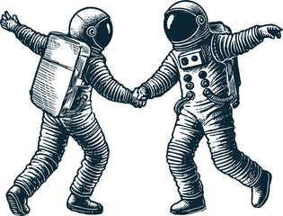 two astronauts dancing hand drawn style engraving vector print for t-shirt
