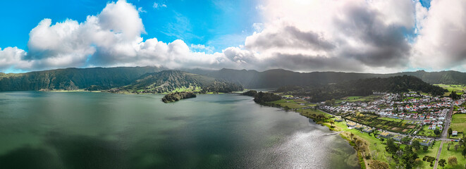 Sete Cidades in Lagoa on the island of São Miguel is a picturesque volcanic caldera with two connected lakes – Lagoa Azul and Lagoa Verde, which captivate with their contrasting water colors. Portugal