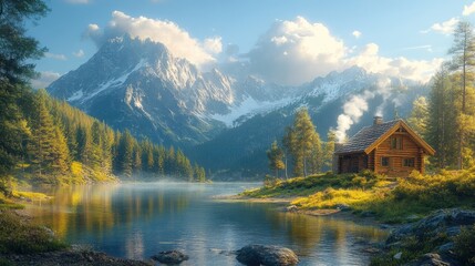 Fototapeta premium Cozy mountain cabin with smoke rising from chimney